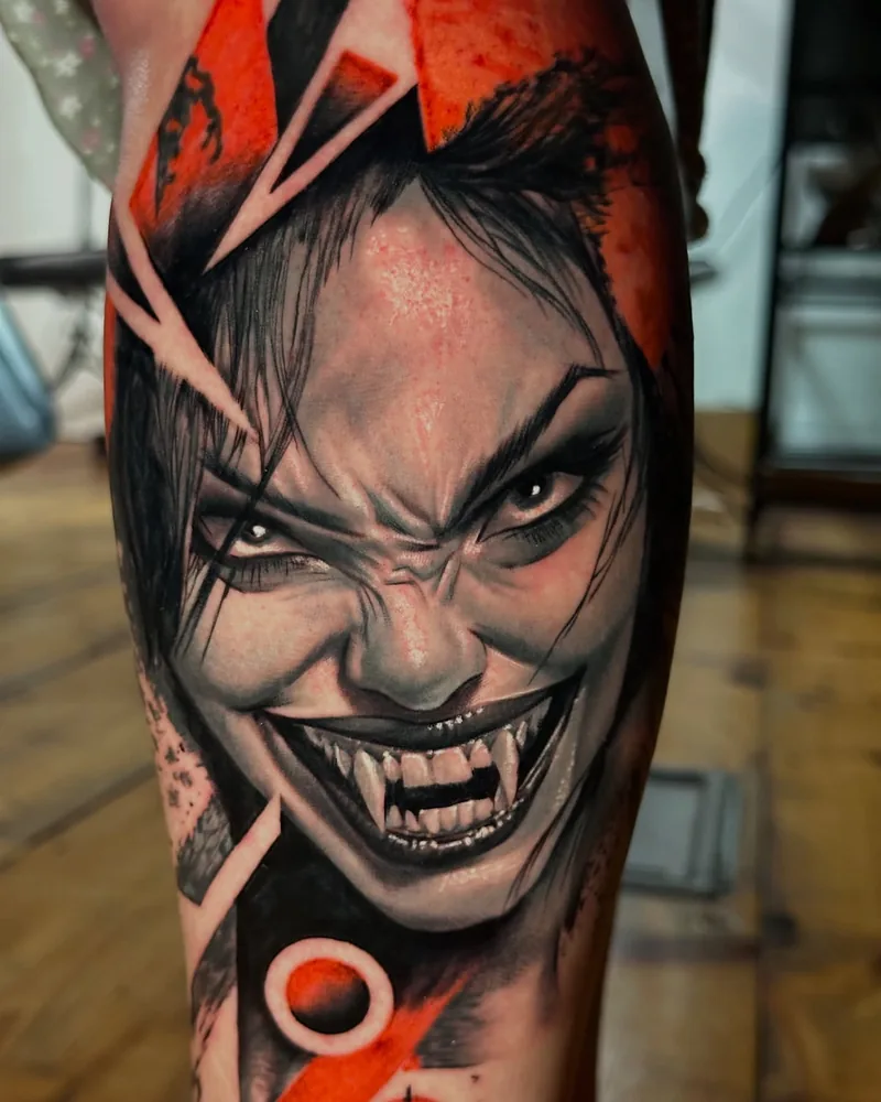 the vampire Carmilla with vermilion shards, black and grey realism tattoo by Lucas Zatti, Temple Bar Dublin
