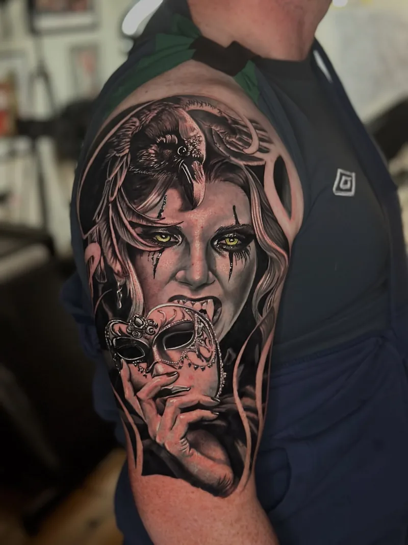 a woman's portrait with a painted skull face and green eyes, black and grey realism tattoo with colour accents by Lucas Zatti, Temple Bar Dublin