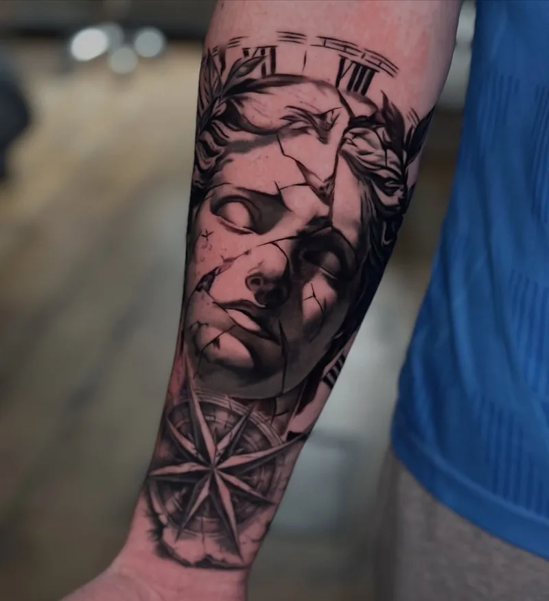 a cracked marble statue face with a laurel wreath and a hummingbird, black and grey realism tattoo by Lucas Zatti, Temple Bar Dublin