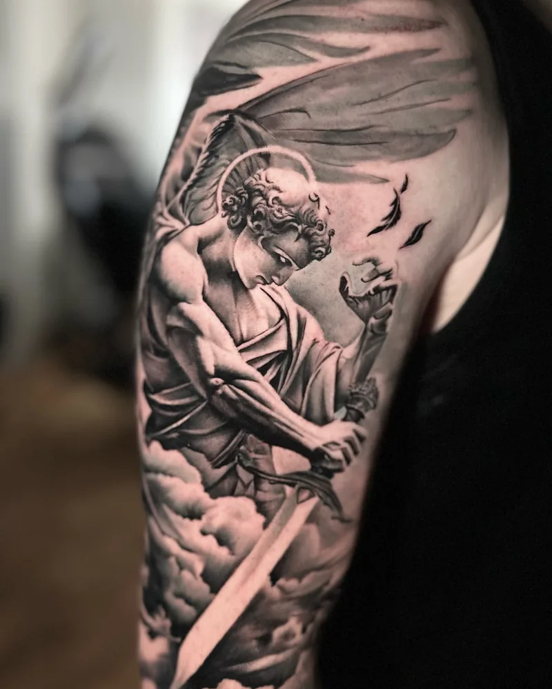 the angel and clouds in detail, black and grey realism tattoo by Lucas Zatti, Temple Bar Dublin