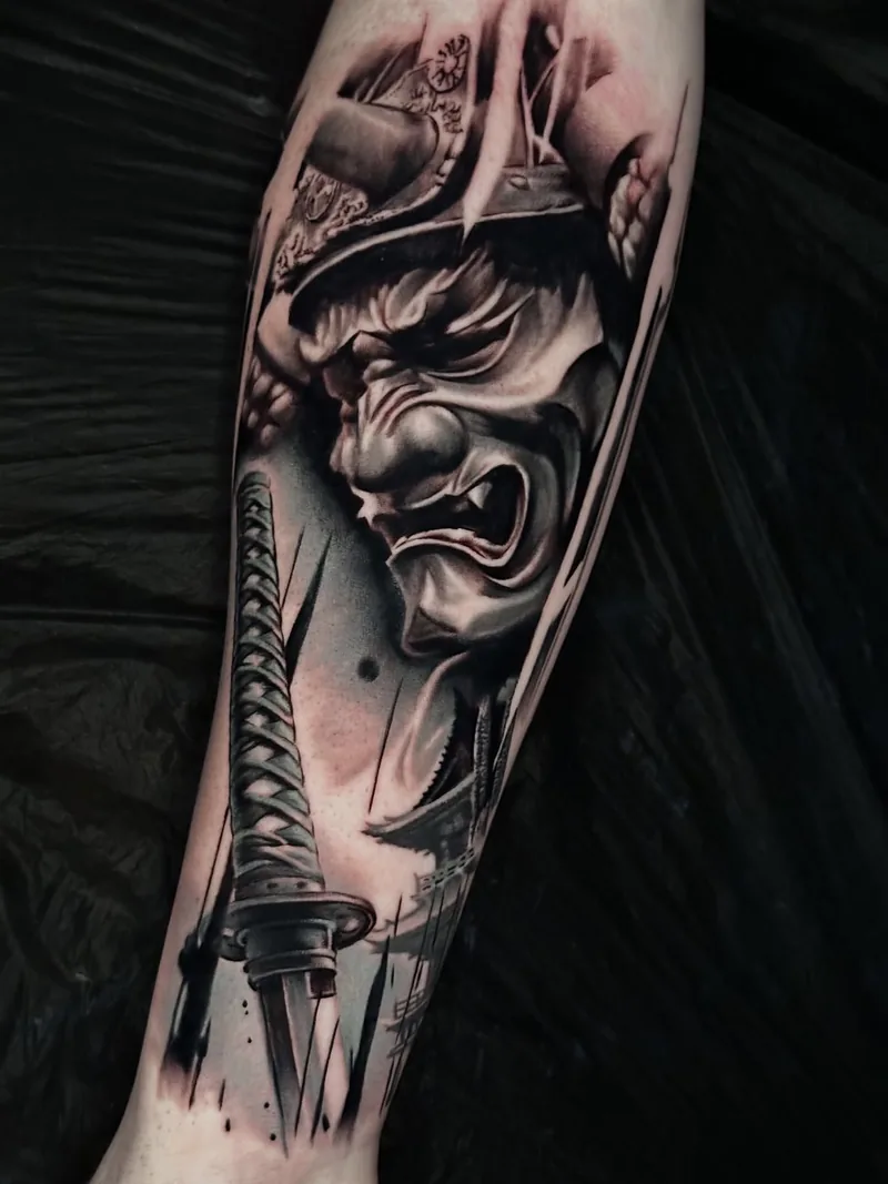 a Hannya mask and katana on the forearm, black and grey realism tattoo by Lucas Zatti, Temple Bar Dublin