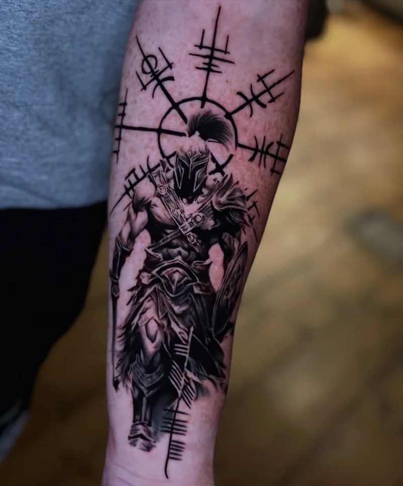 an armoured warrior with a runic compass and Ogham script, black and grey realism tattoo by Lucas Zatti, Temple Bar Dublin
