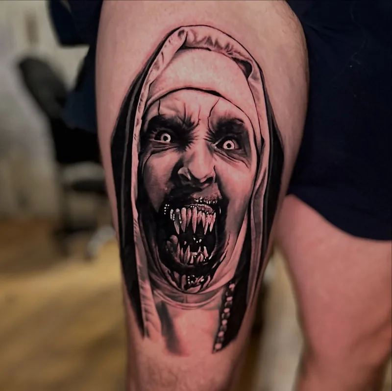 a horror nun portrait in black and grey, black and grey realism tattoo by Lucas Zatti, Temple Bar Dublin