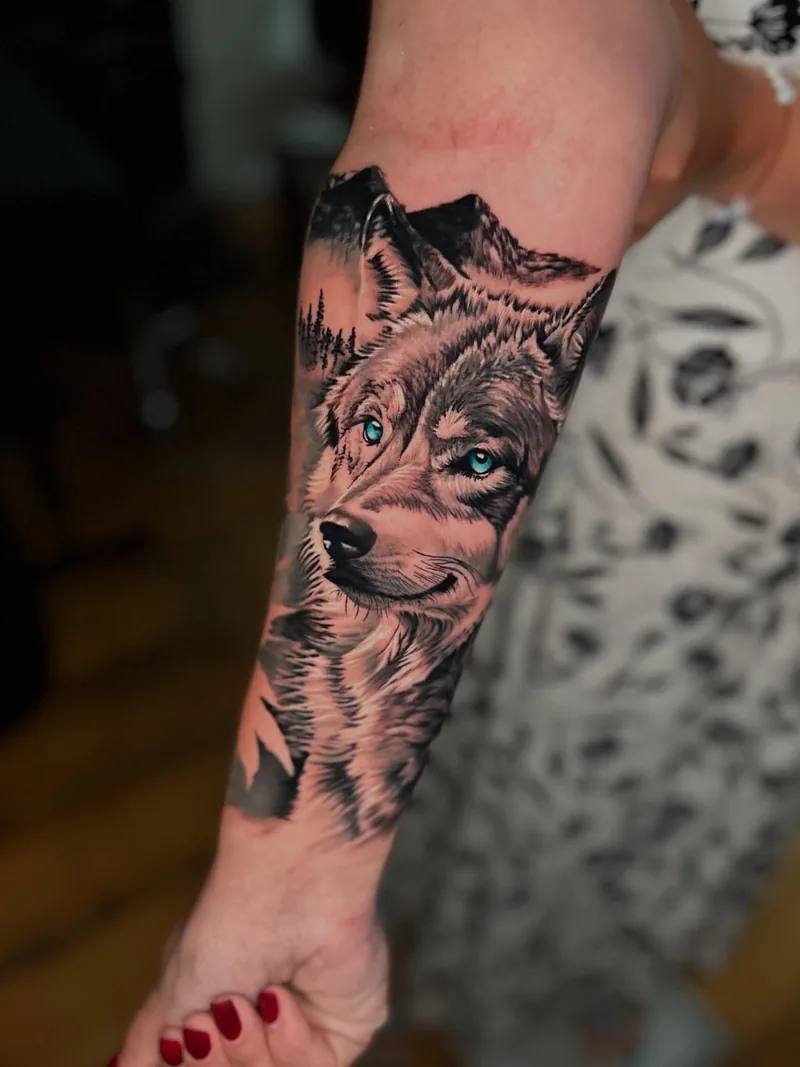 a wolf and mountains covering an old forearm tattoo, black and grey realism tattoo by Lucas Zatti, Temple Bar Dublin